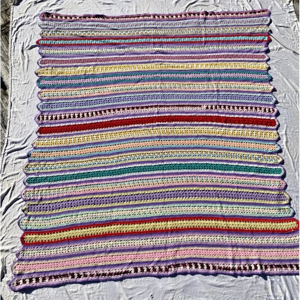 Handmade Knit Crochet Granny Striped Afghan Throw Blanket Rainbow  80